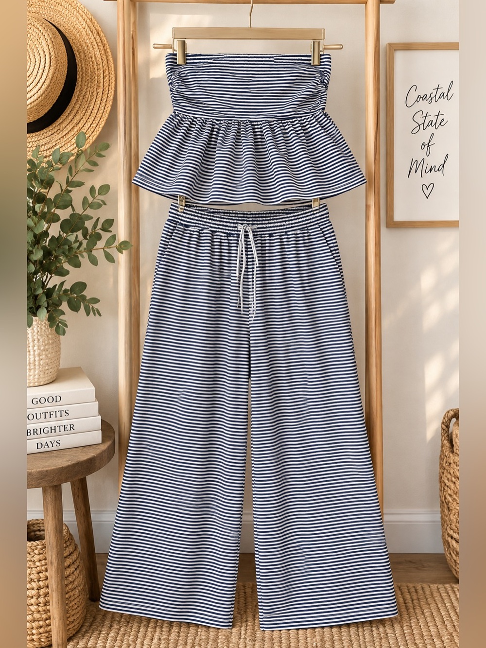 American Eagle Navy White Striped 2 Piece Set Strapless Top Wide Leg Pants #1001
